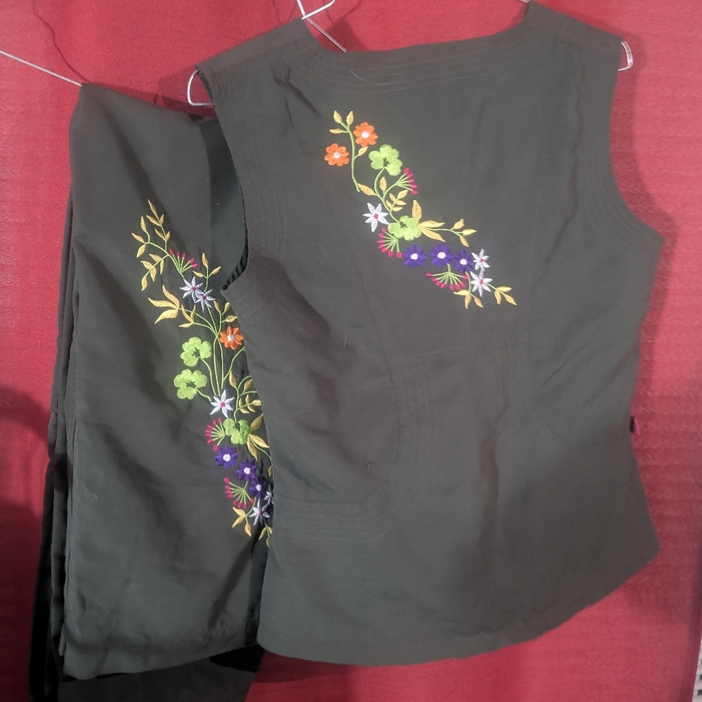 Le Chateau Black Pantsuit with Colorful Floral Design